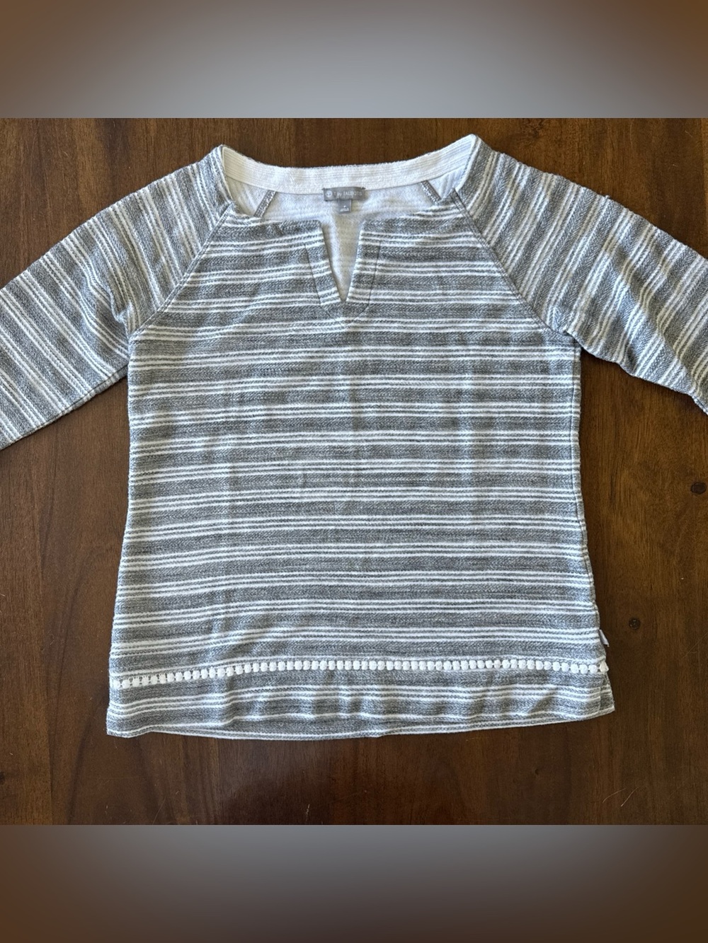 T by Talbots Gray White Stripe 3/4 Sleeve Split Neck Sweatshirt Top Shirt P